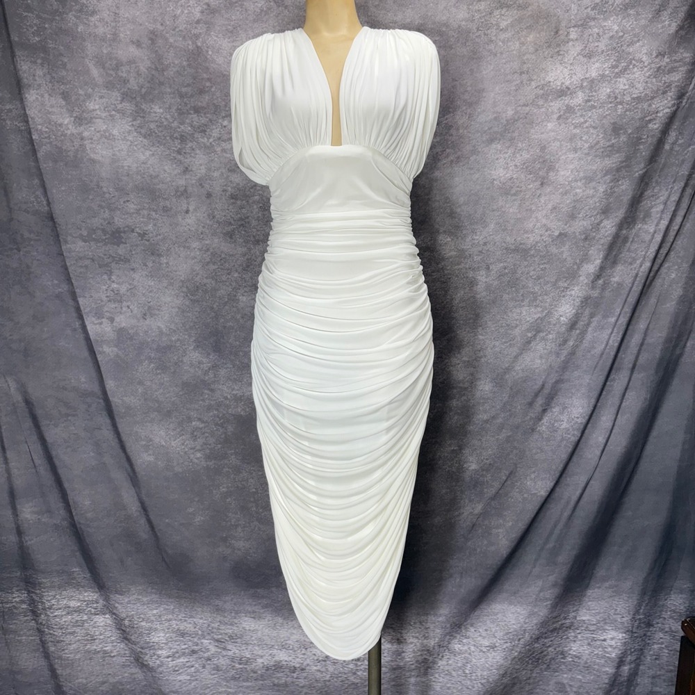 Vintage 80s Casadei White Ruched Draped Deep V-Neck Bodycon Dress Size XS Baddie